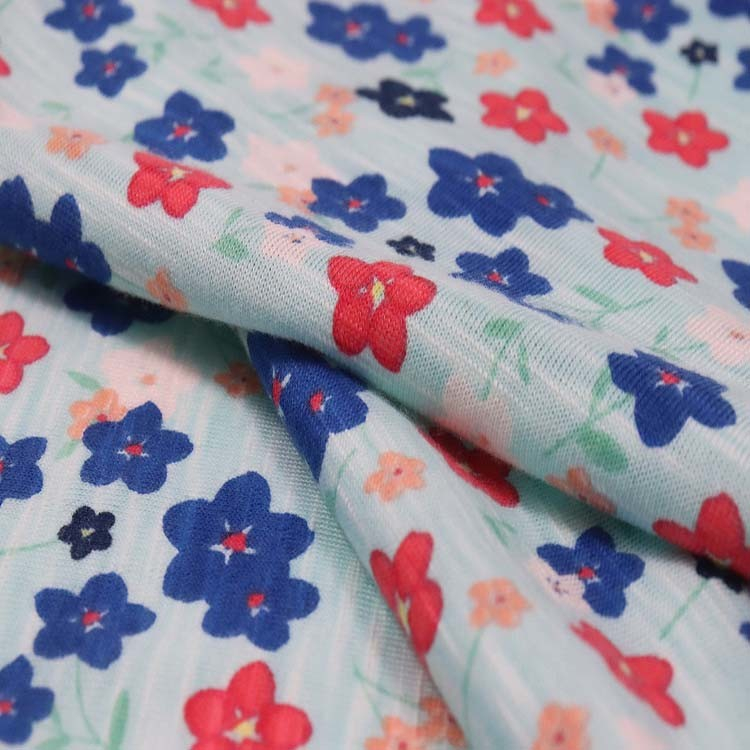 Xt-Pr-61 涤纶人棉竹节单面汗布, 160GSM, 涂料印花