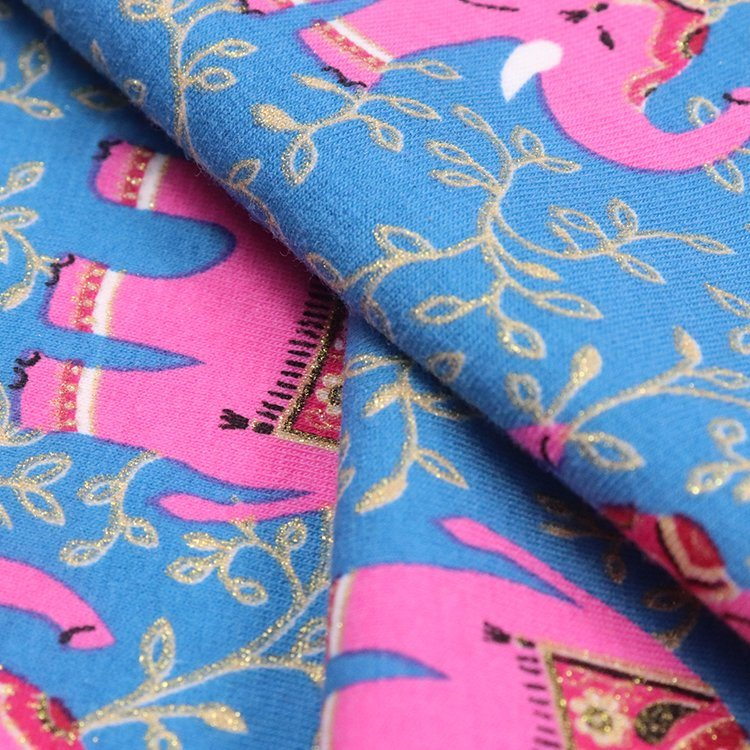 180GSM 棉氨纶针织汗布，金粉印花，赛络紧密纺