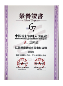 2025秋冬中国流行面料入围企业证书